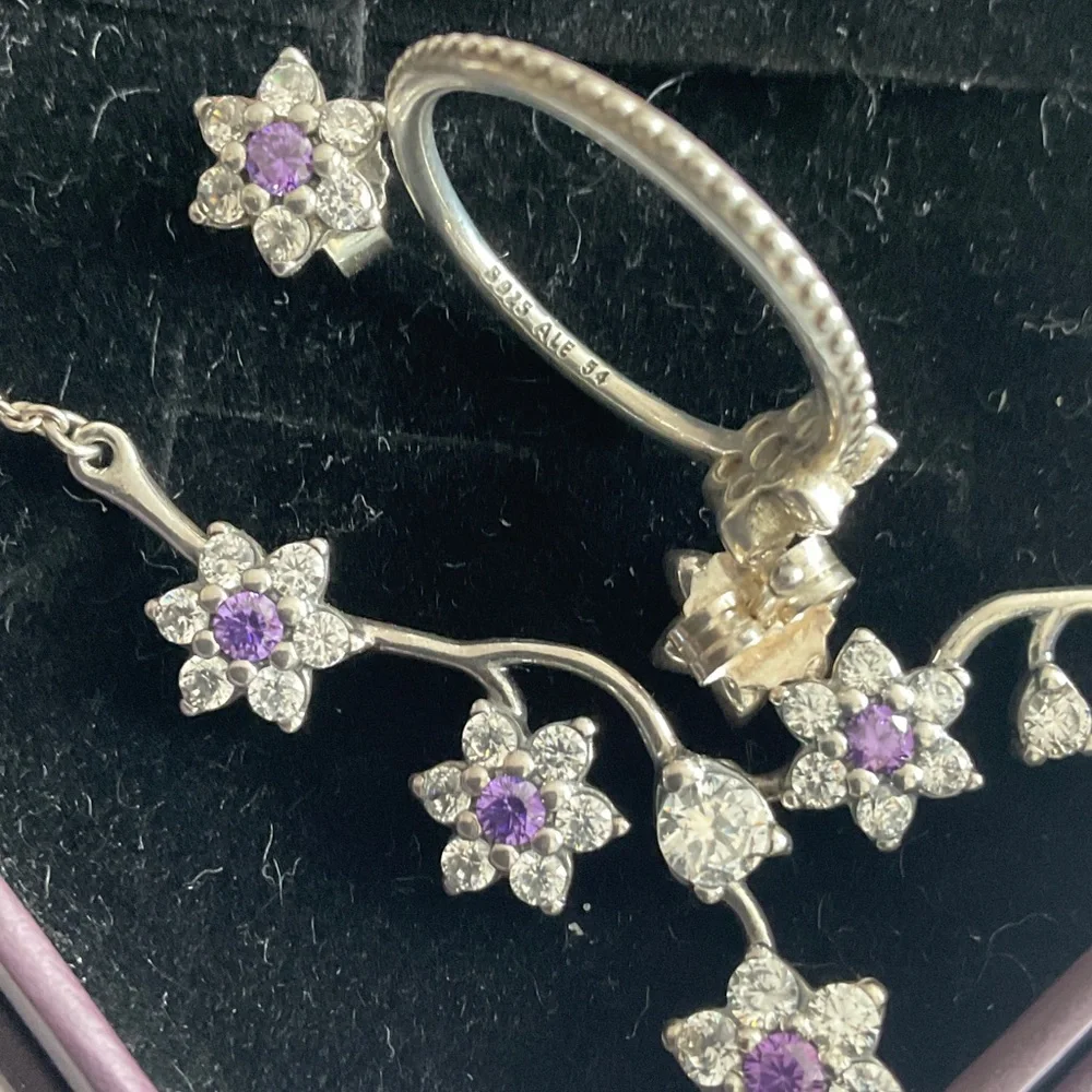 Pandora Silver Necklace with Purple Floral Accents - Picture 5 of 6